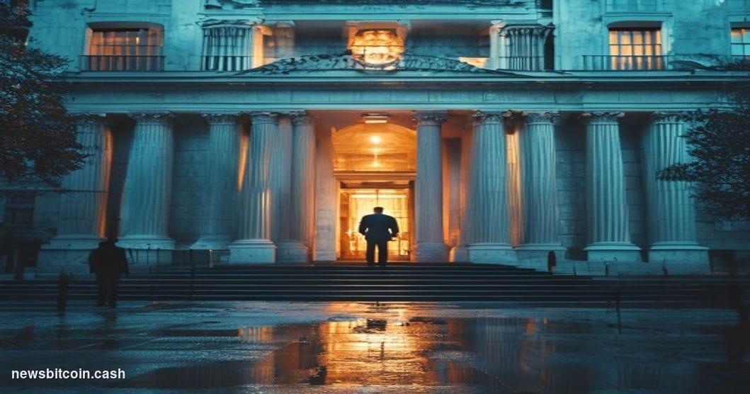 Cinematic photorealistic editorial photograph of the imposing neoclassical facade of the U.S. Office of the Comptroller of th
