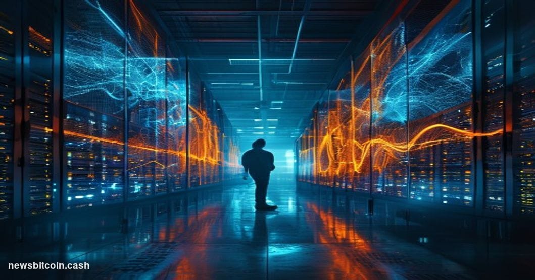 Cinematic photorealistic editorial photograph of a high-tech server infrastructure facility bathed in cold blue and amber lig