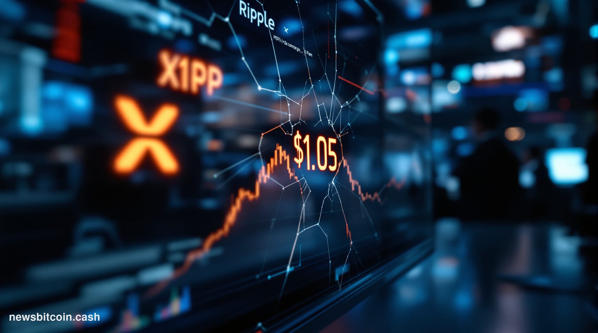 Cinematic photorealistic editorial photograph of a cracked digital trading screen displaying the XRP/Ripple logo and a price 
