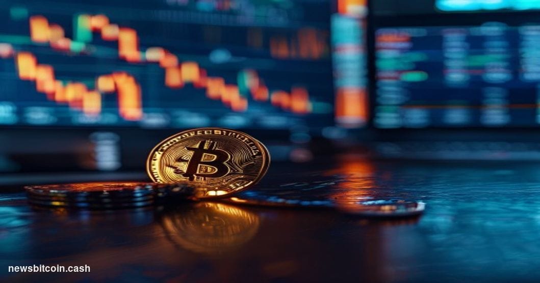 Cinematic photorealistic editorial photograph of a large financial trading screen mounted in a dimly lit professional trading