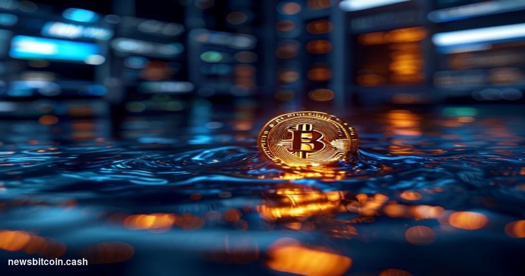Cinematic photorealistic editorial photograph of a glowing Bitcoin symbol embedded within a sleek, dark liquidity pool visual