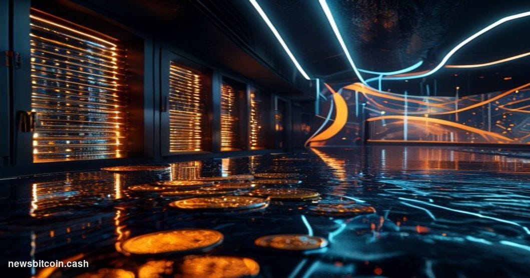 Cinematic photorealistic editorial photograph of a sleek underground bitcoin mining vault transitioning into a modern DeFi li