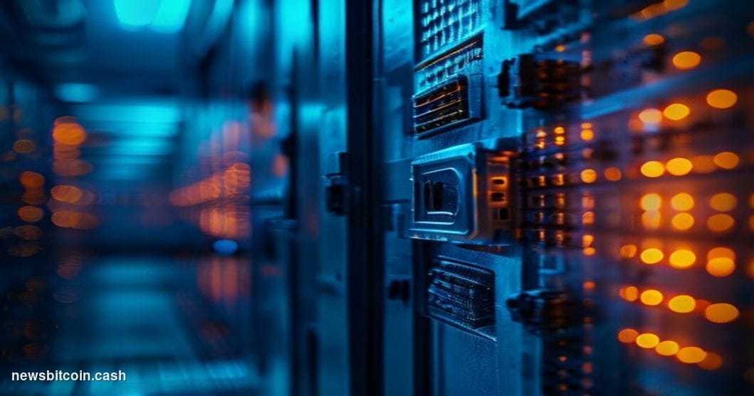 Cinematic photorealistic editorial photograph of a darkened underground server vault environment, lit by cold blue ambient li