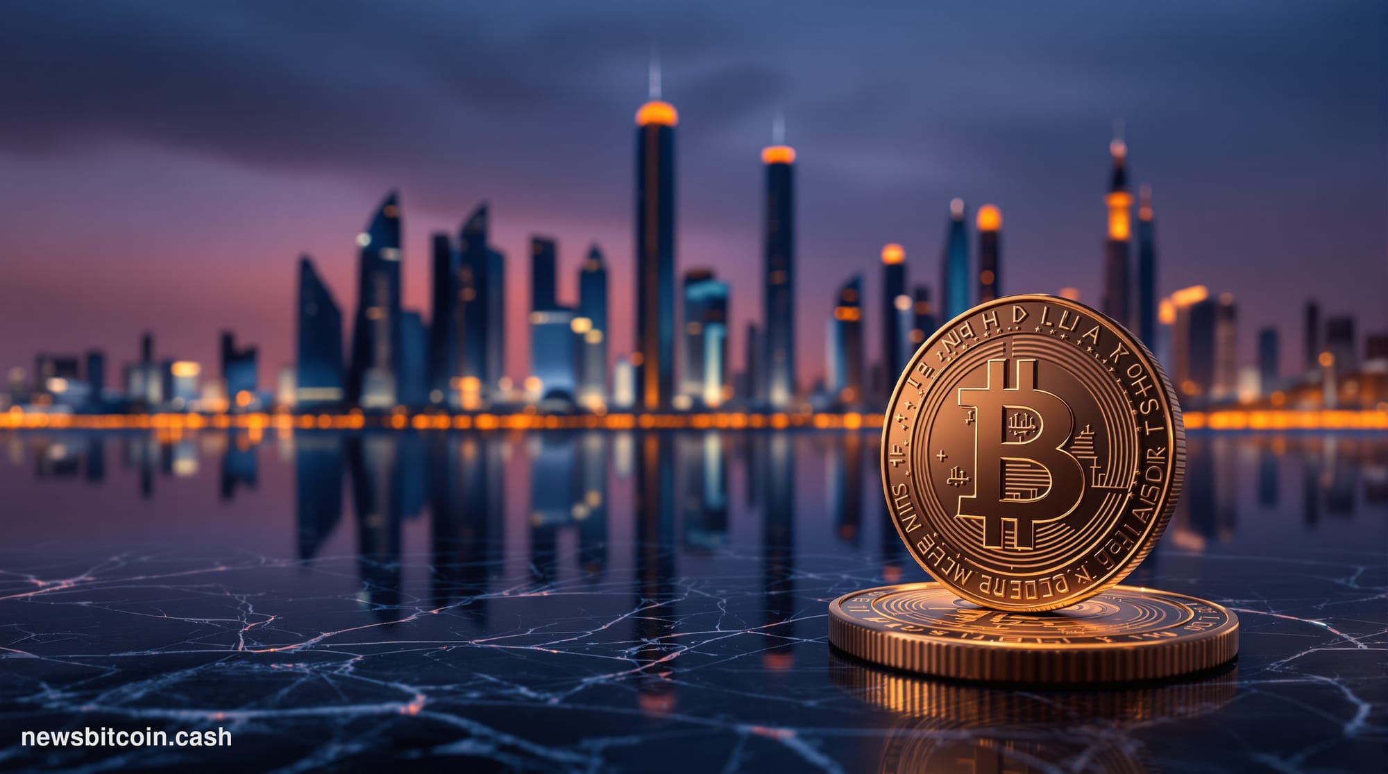 Cinematic photorealistic editorial photograph of the Abu Dhabi skyline at dusk, featuring the distinctive glass towers of the