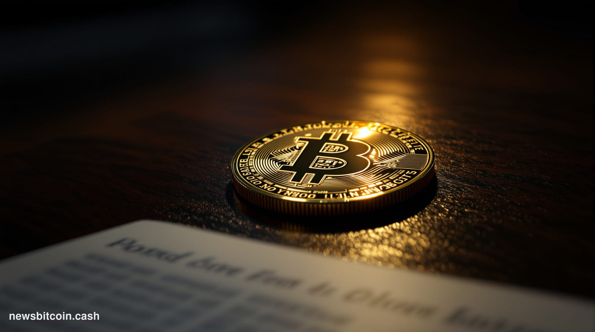 Cinematic photorealistic editorial photograph of a physical gold-toned Bitcoin coin placed at the center of a dark mahogany t
