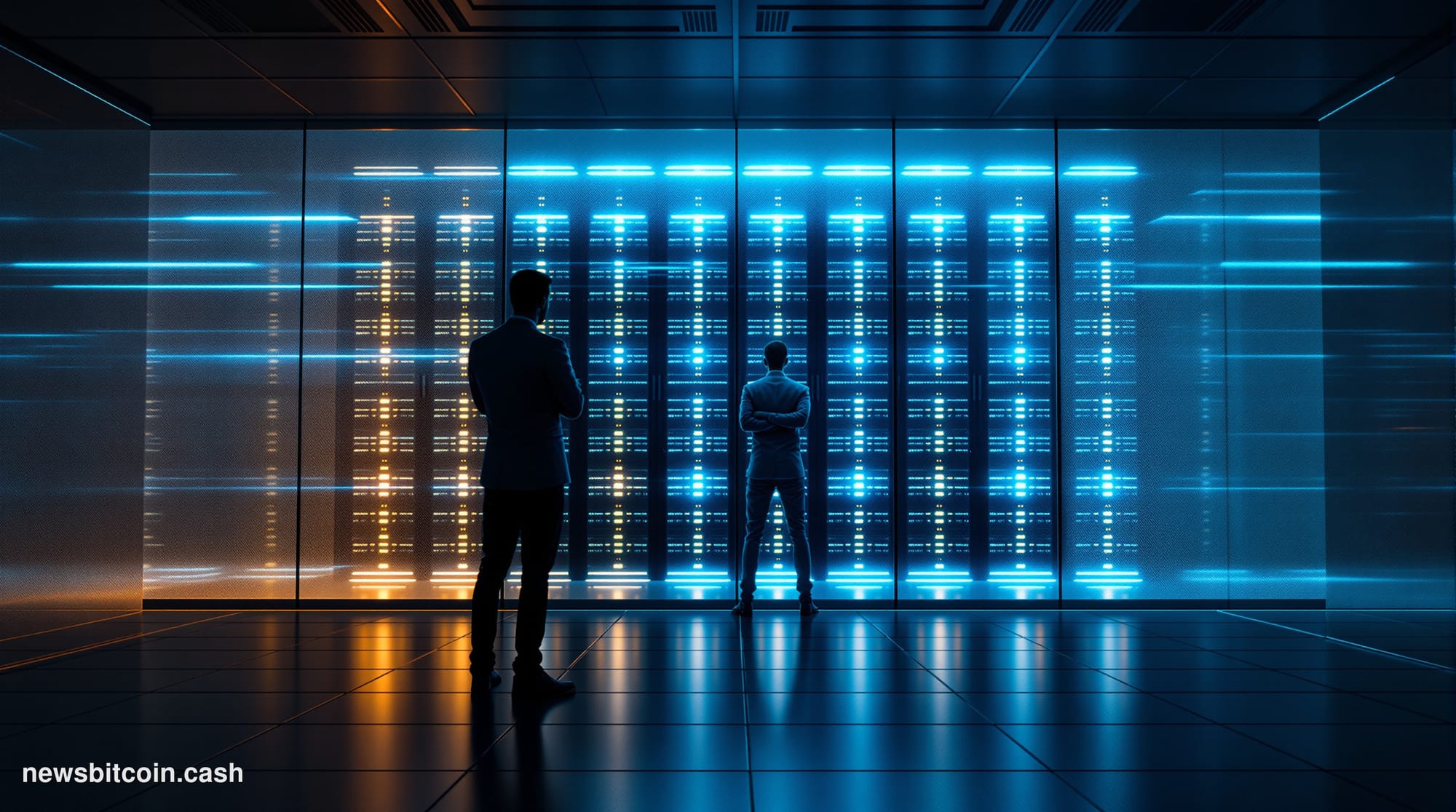 A cinematic photorealistic editorial photograph set inside a sleek, dimly lit AI research laboratory environment suggestive o