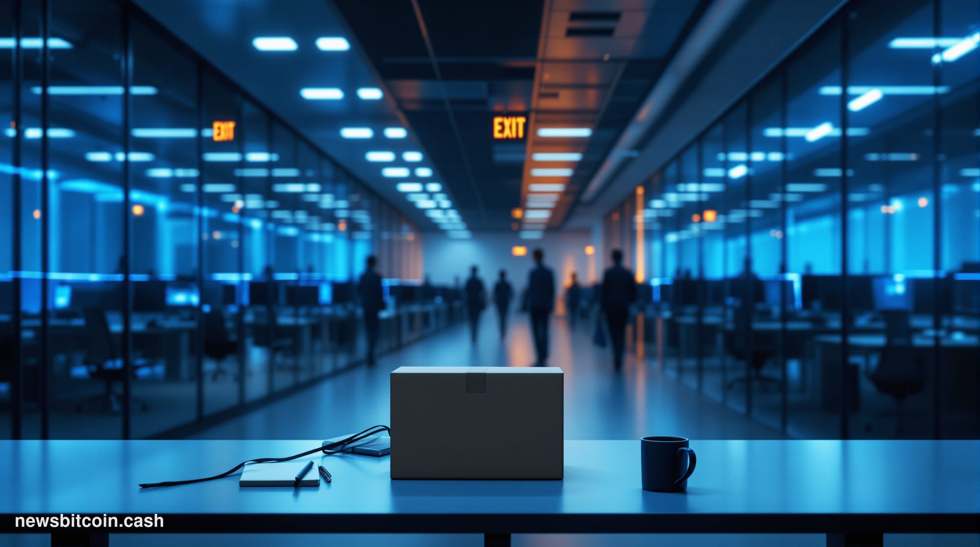 Cinematic photorealistic editorial photograph of a sleek, dimly lit modern tech office corridor with rows of empty desks and 