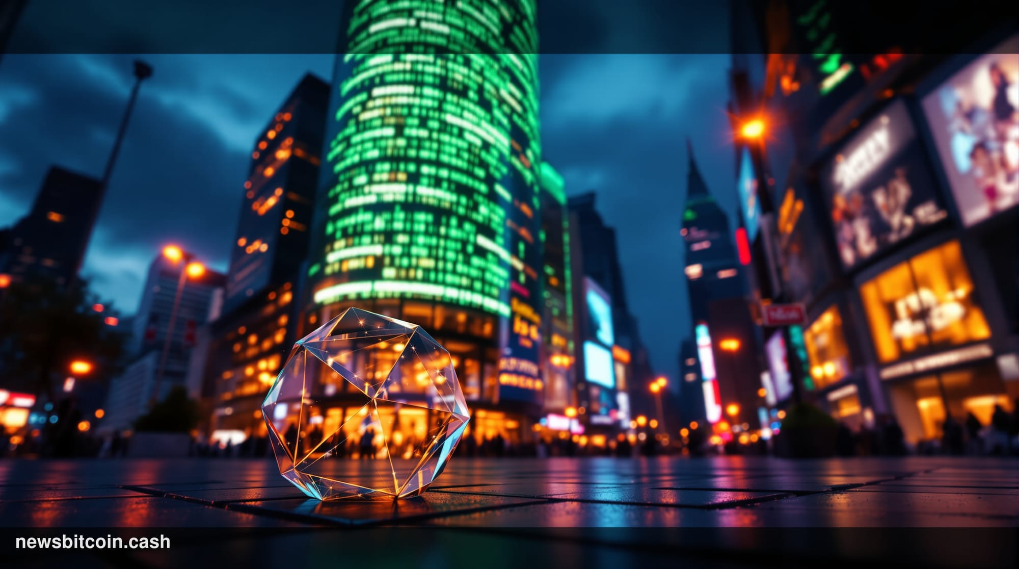 Cinematic photorealistic editorial photograph shot at eye level from a low angle looking up at the Nasdaq MarketSite building