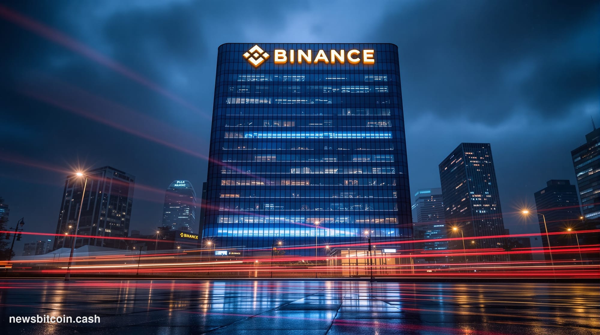 Cinematic photorealistic editorial photograph of the Binance headquarters building exterior at night, its corporate signage c