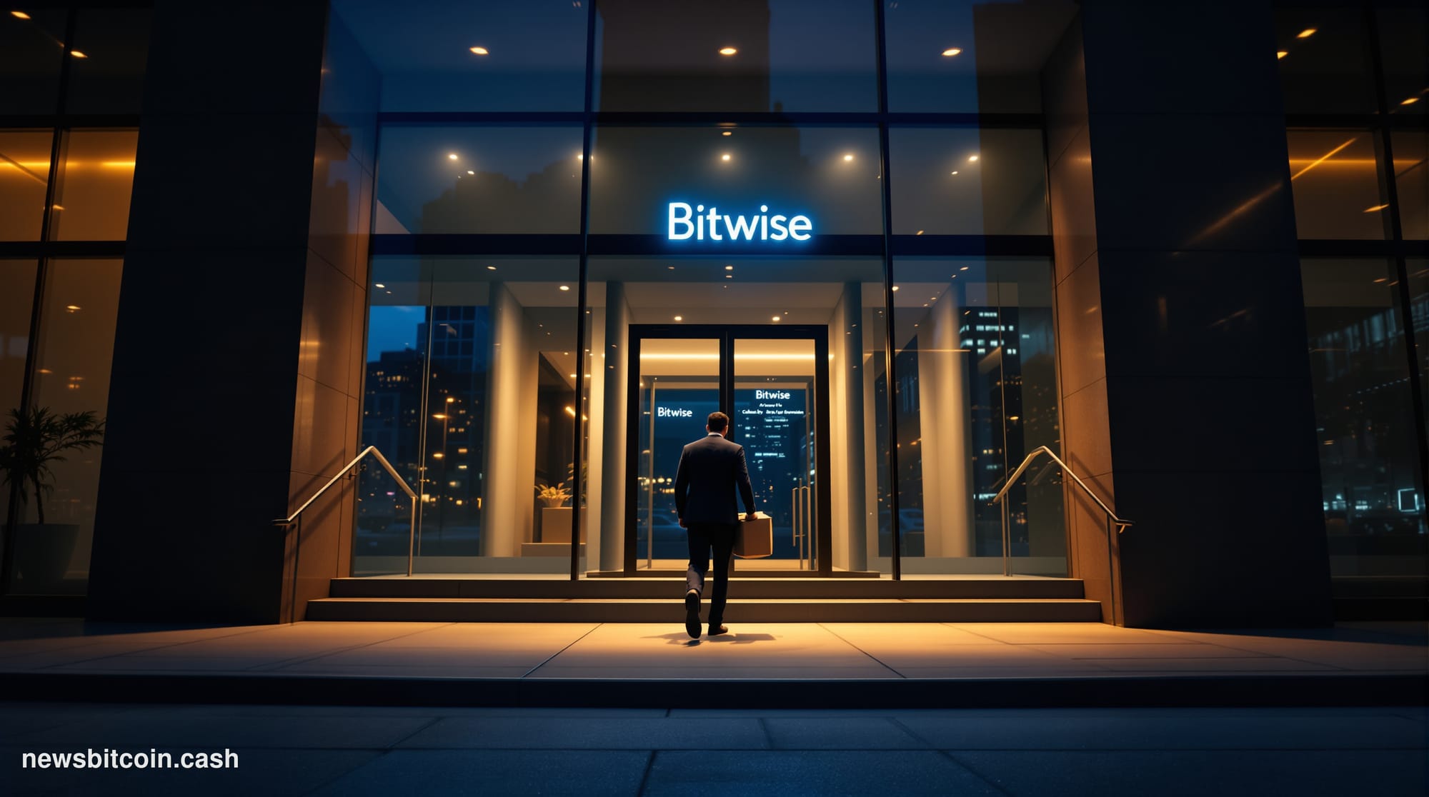 Cinematic photorealistic editorial photograph of a modern San Francisco financial district office building exterior at dusk, 