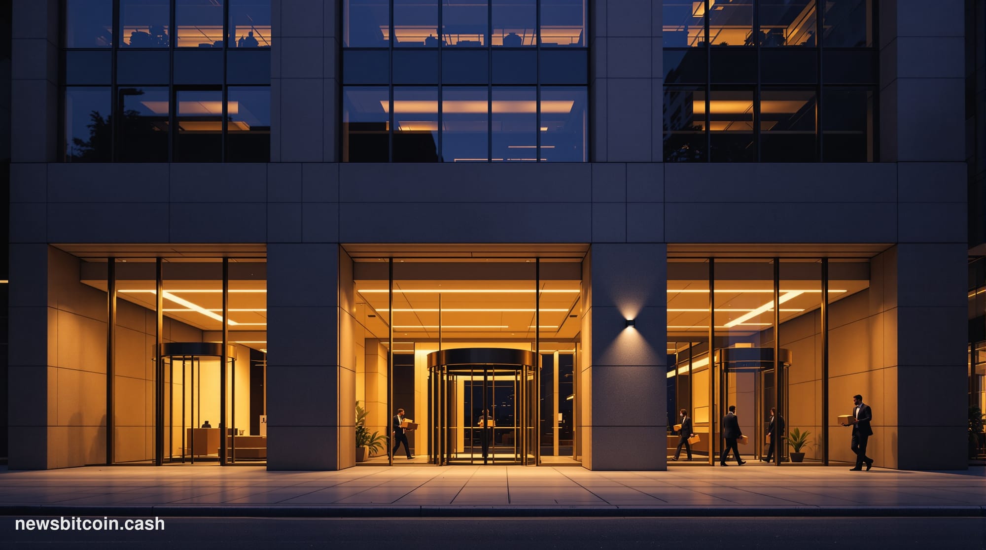 Cinematic photorealistic editorial photograph of a modern San Francisco financial district office building exterior at dusk, 