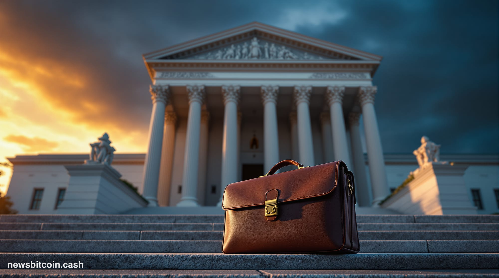 Cinematic photorealistic editorial photograph of the United States Supreme Court building in Washington D.C. at dusk, shot fr