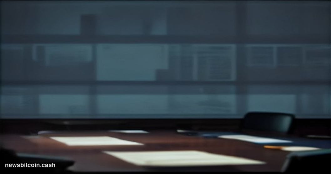 Cinematic photorealistic editorial photograph of a dimly lit corporate boardroom at night, shot from a low angle looking up a