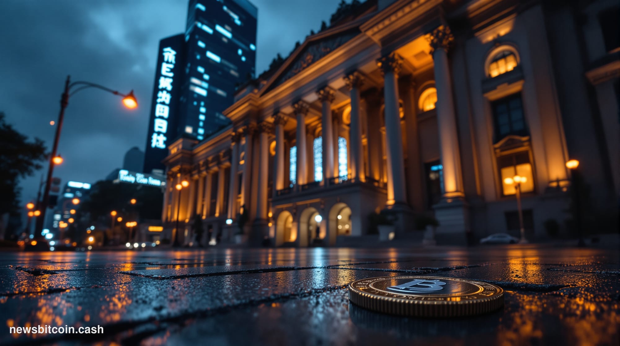 Cinematic photorealistic editorial photograph of the Bank of Japan's imposing neoclassical headquarters in the Nihonbashi dis