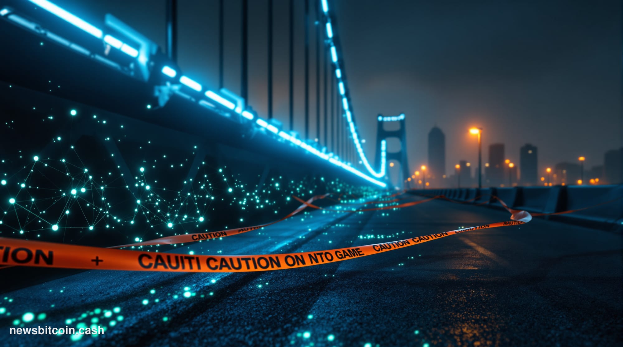 Cinematic photorealistic editorial photograph of a dramatic close-up view of a physical suspension bridge at night, partially