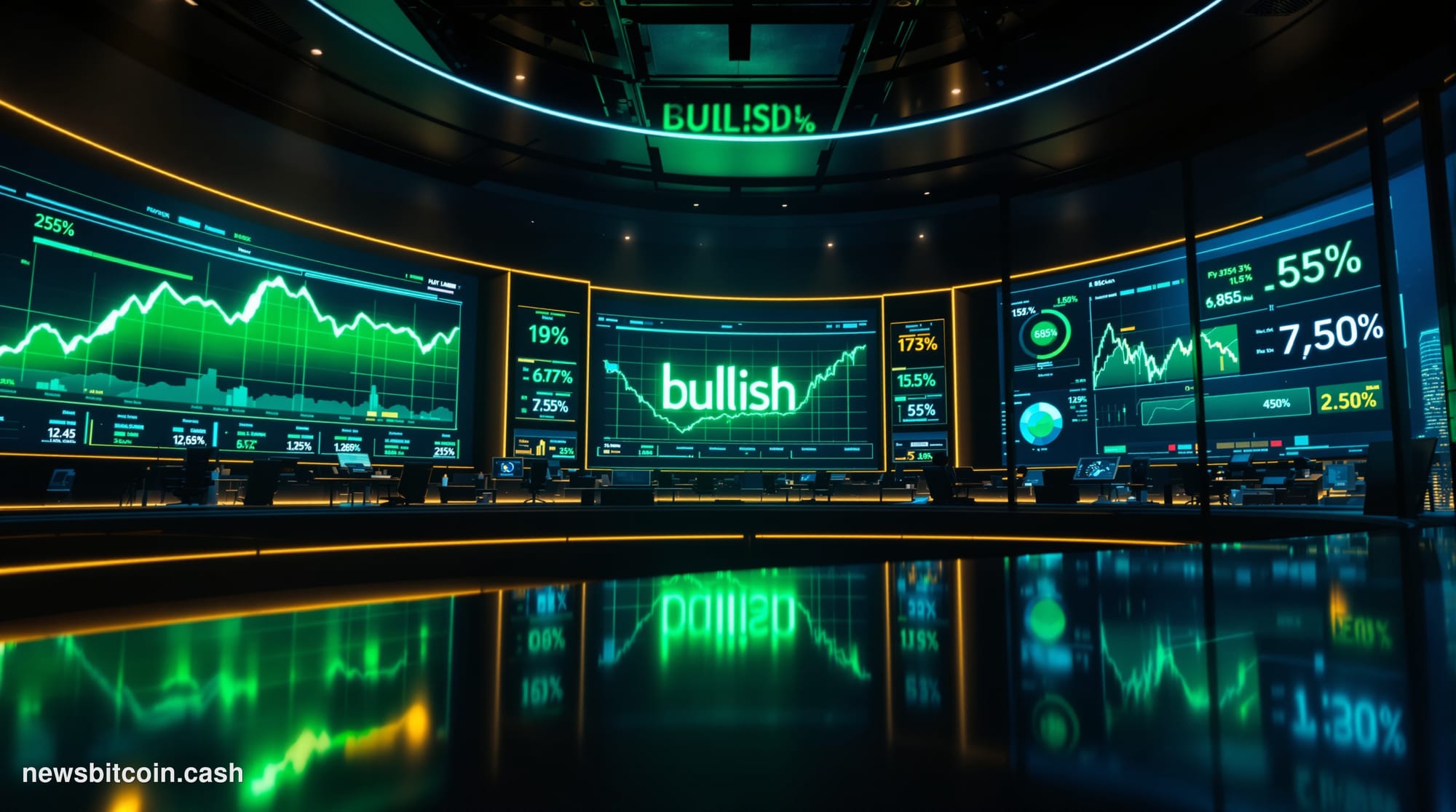 Cinematic photorealistic editorial photograph of a sleek financial trading floor environment with large curved digital screen