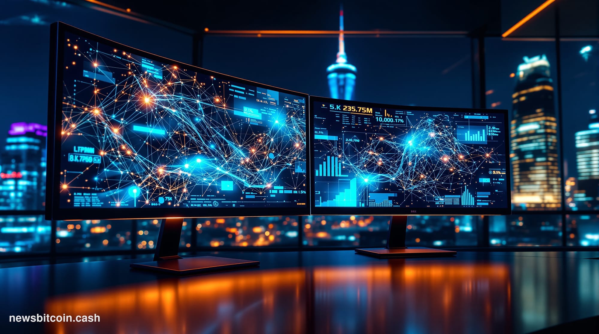 A cinematic photorealistic editorial photograph of a sleek, modern trading floor environment bathed in deep blue and amber li