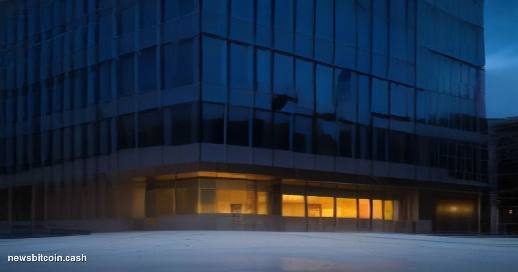 Cinematic photorealistic editorial photograph of the Capital One corporate headquarters in McLean, Virginia, shot at dusk fro