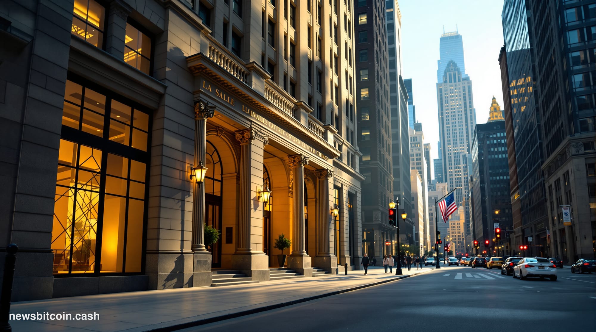 Cinematic photorealistic editorial photograph of the CBOE (Chicago Board Options Exchange) building exterior on La Salle Stre