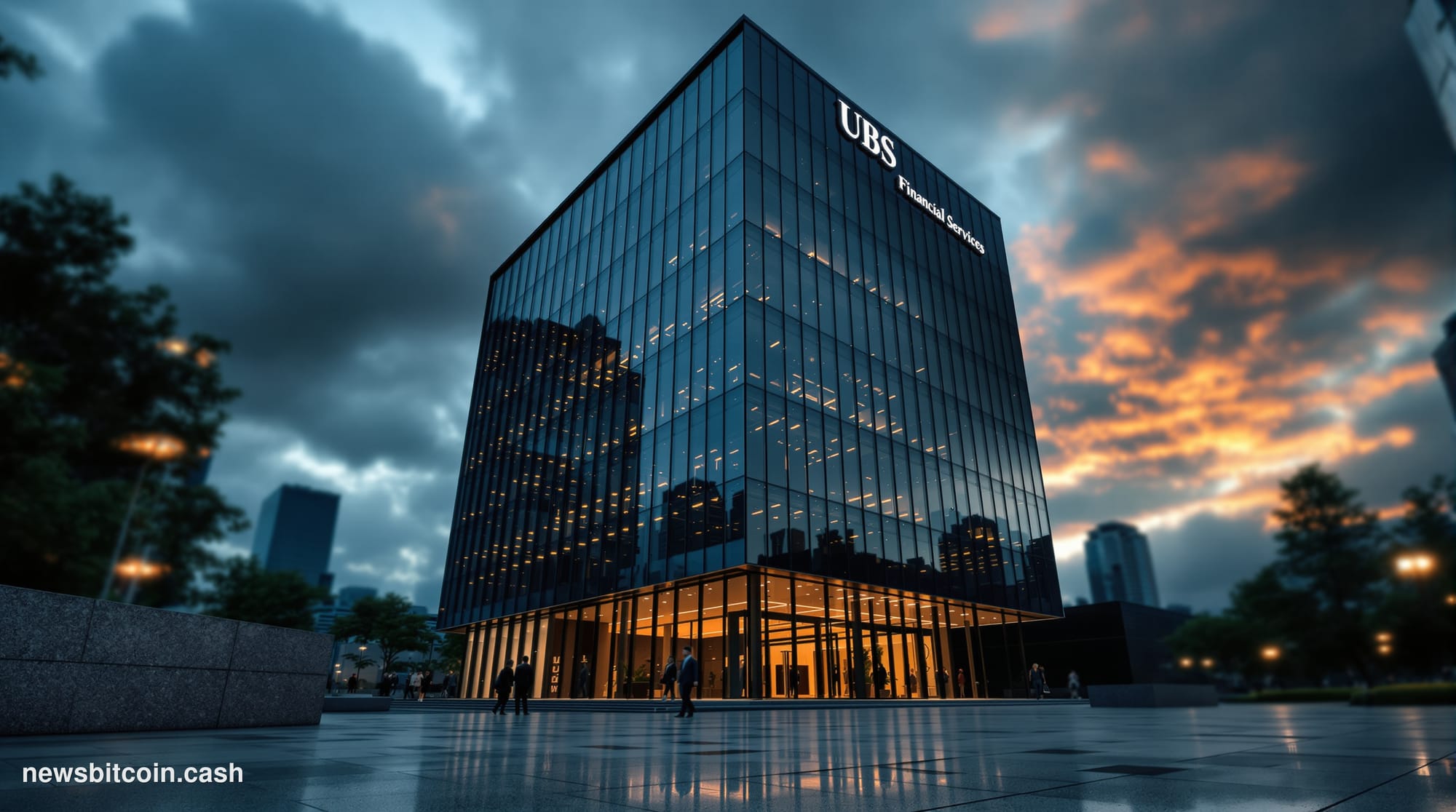 Cinematic photorealistic editorial photograph of the UBS Financial Services office building exterior in the United States, sh