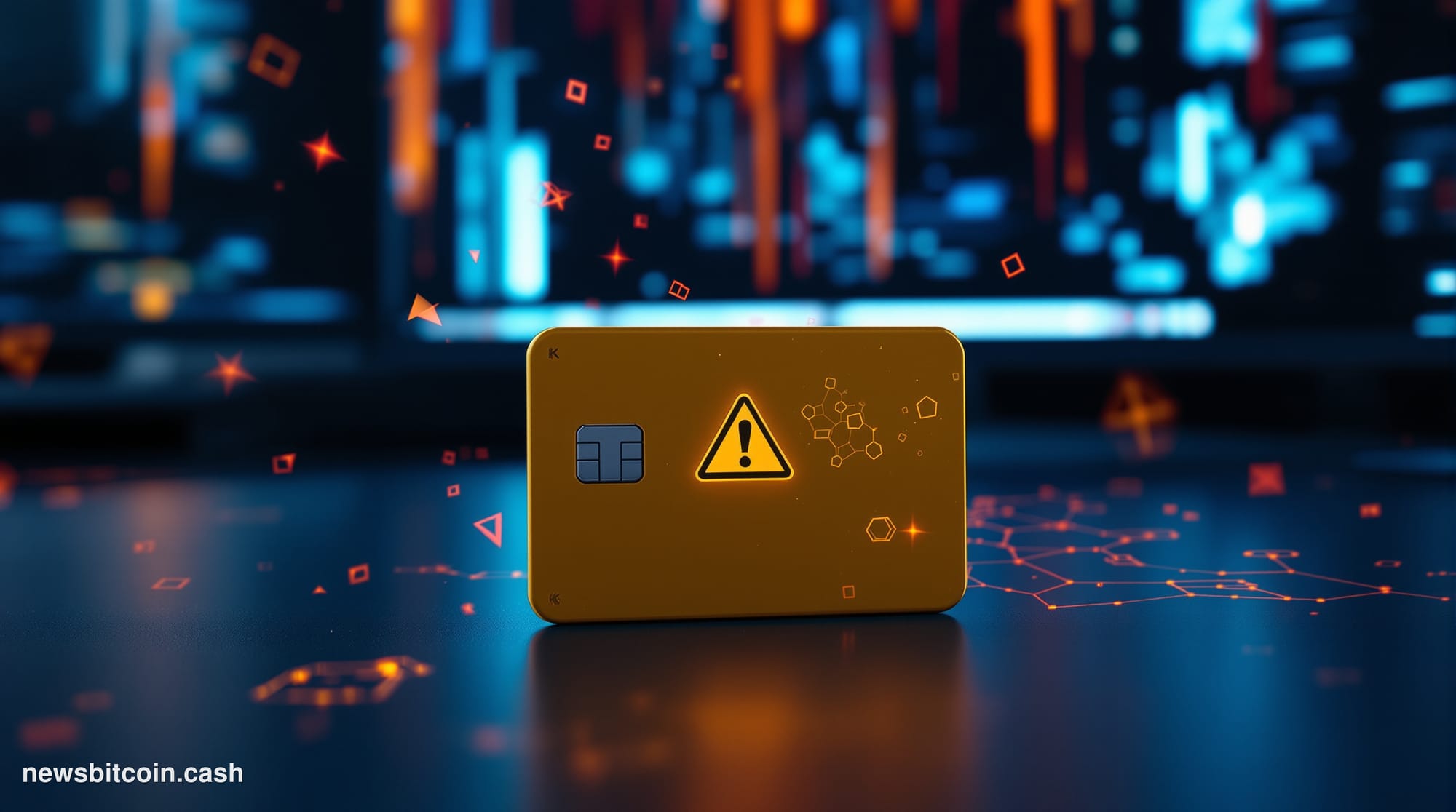A cinematic photorealistic editorial photograph of a Coldcard hardware wallet — the distinctive yellow credit-card-sized devi