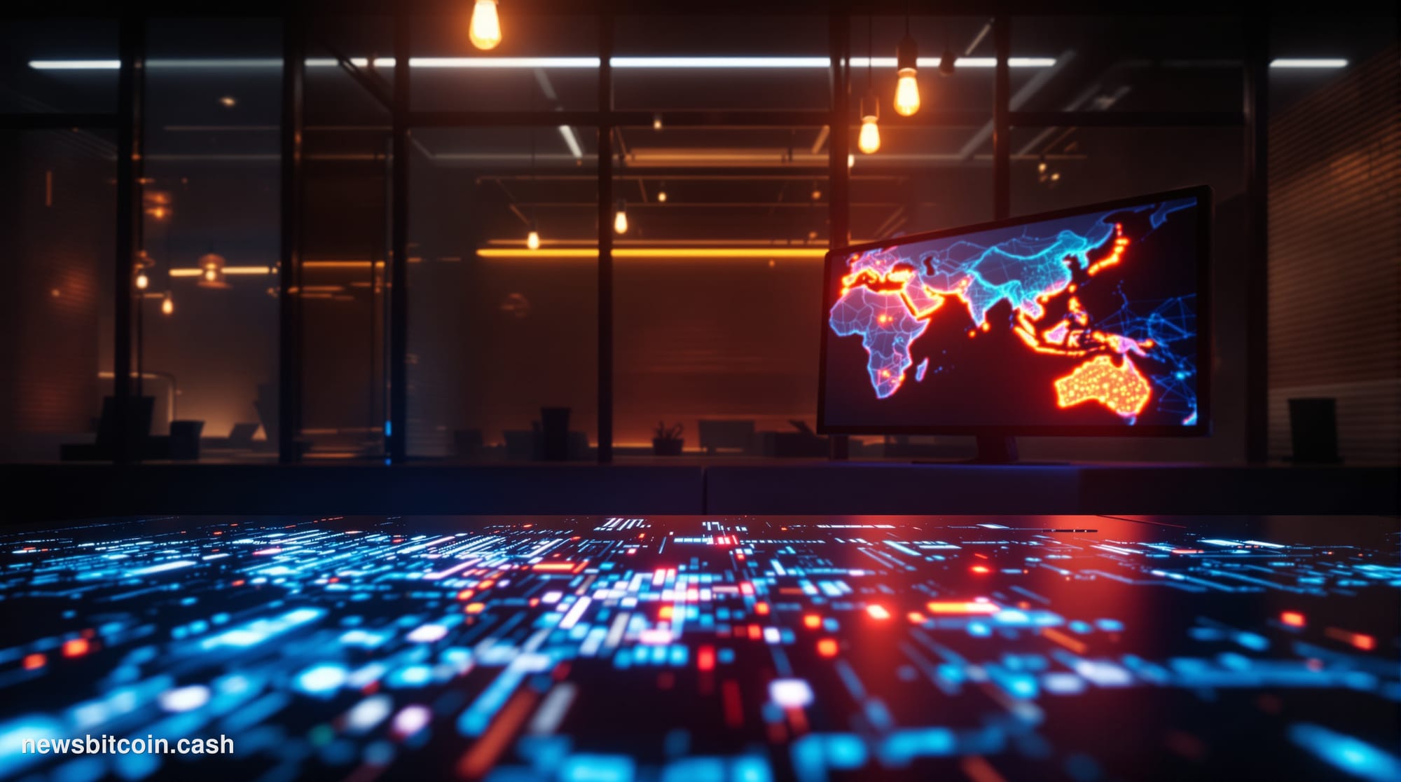 Cinematic photorealistic editorial photograph set in a dimly lit, sleek tech startup office at night, with a single glowing m