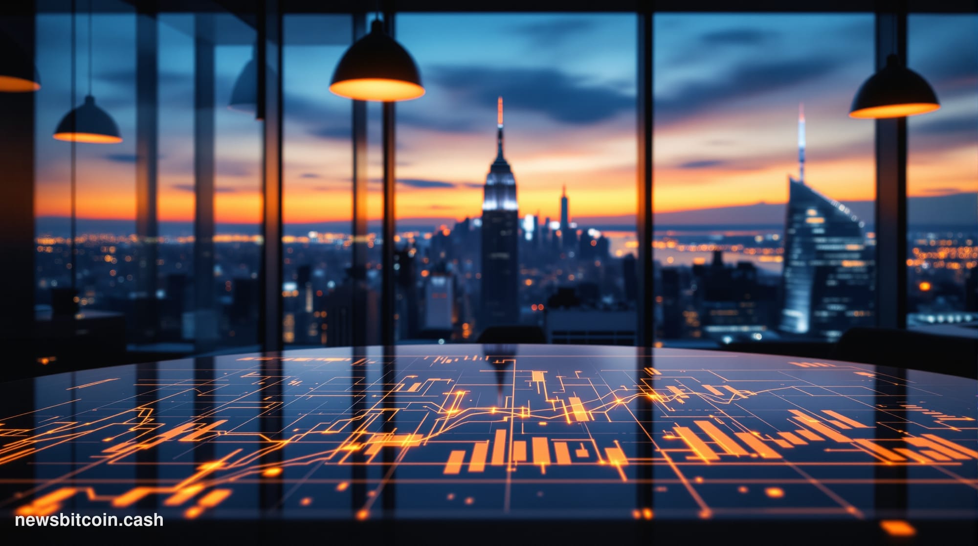Cinematic photorealistic editorial photograph of a sleek modern Wall Street-adjacent brokerage office interior, shot from a l