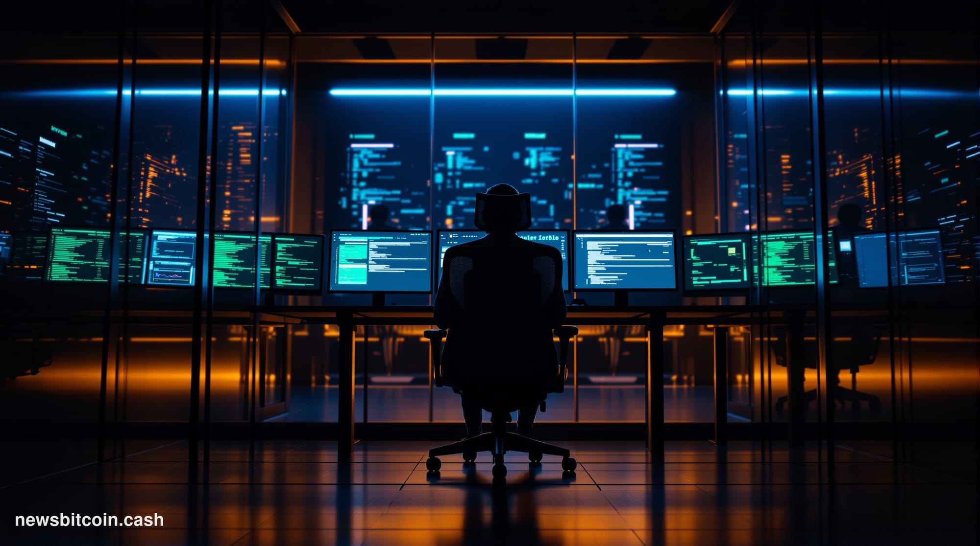 Cinematic photorealistic editorial photograph taken from a low angle inside a dimly lit server room or tech startup office at