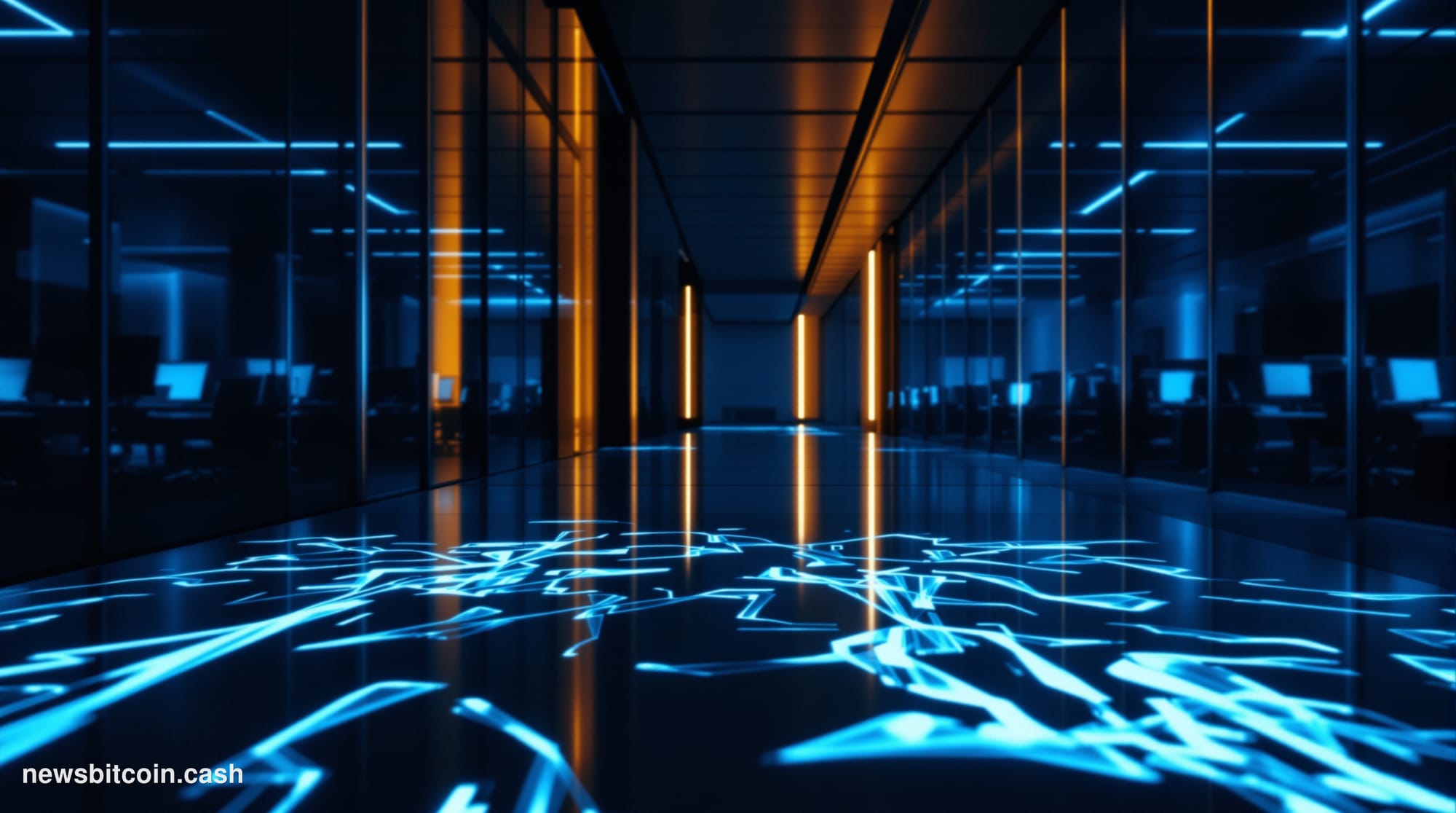 Cinematic photorealistic editorial photograph of a sleek, modern fintech office corridor in partial darkness, with rows of em