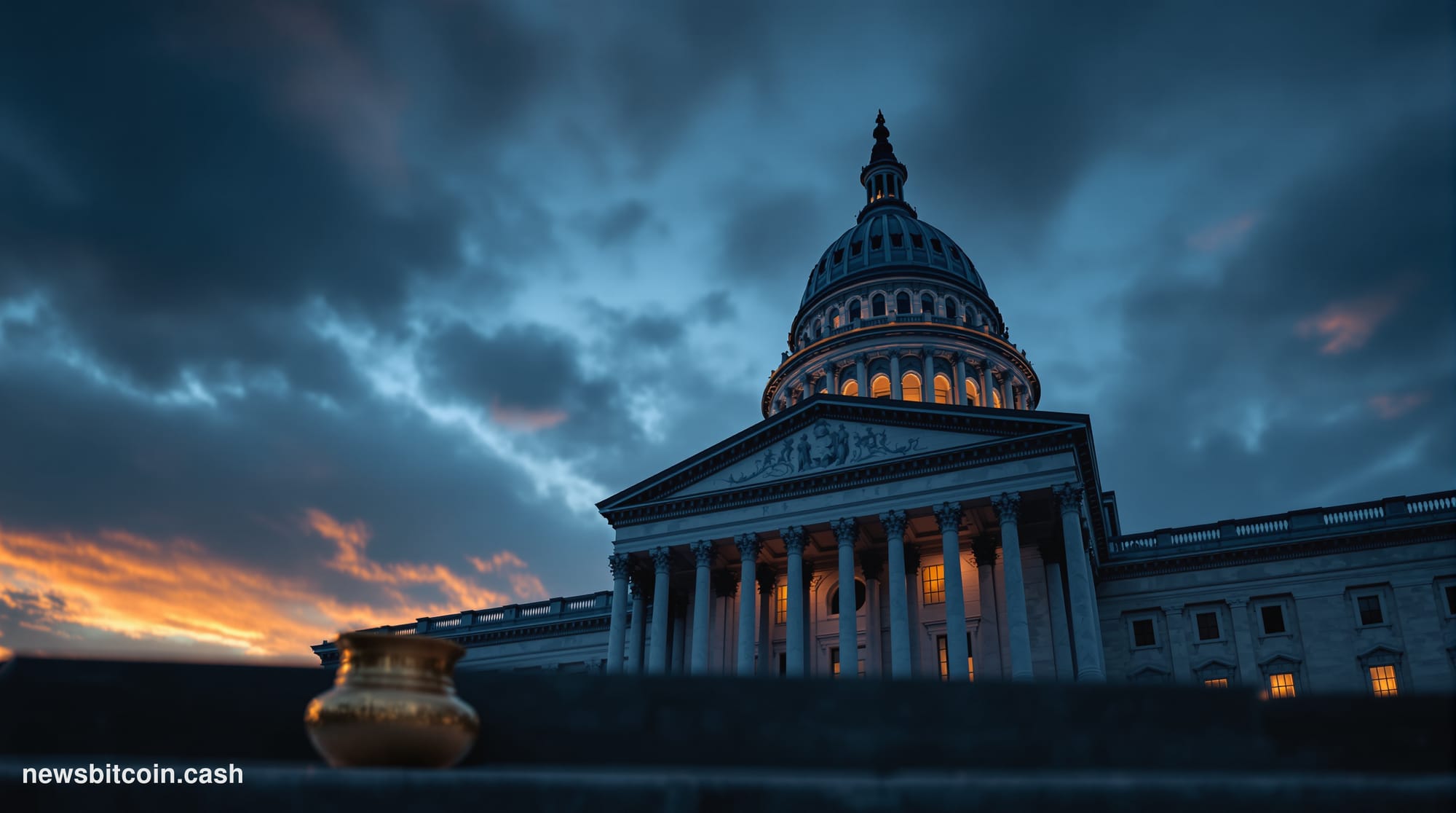 A cinematic photorealistic editorial photograph of the United States Senate chamber exterior at dusk, shot from a low angle l