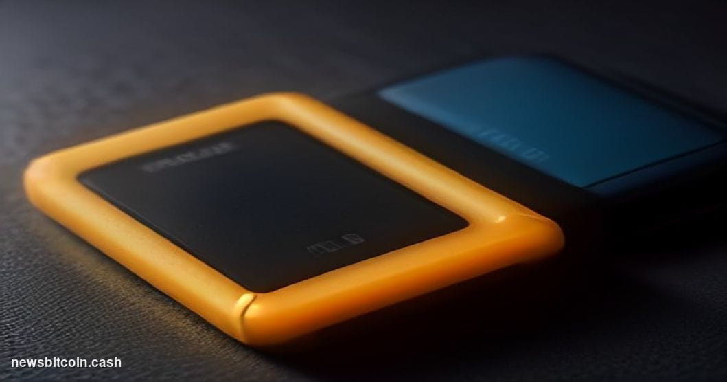 Cinematic photorealistic editorial photograph of a Coldcard hardware wallet device — the distinctive yellow-orange rectangula