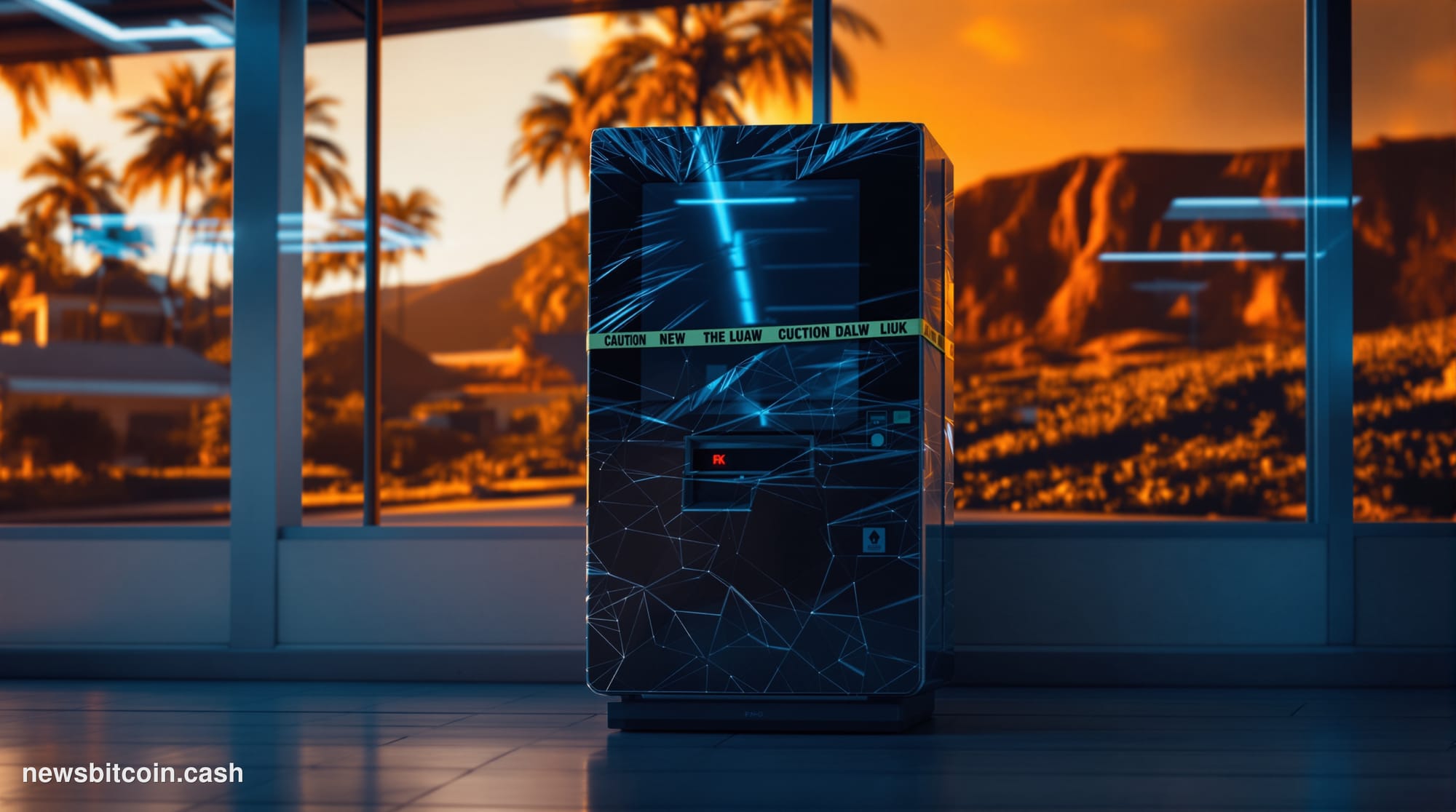 A cinematic photorealistic editorial photograph of a shuttered cryptocurrency ATM kiosk inside a convenience store in Hawaii,