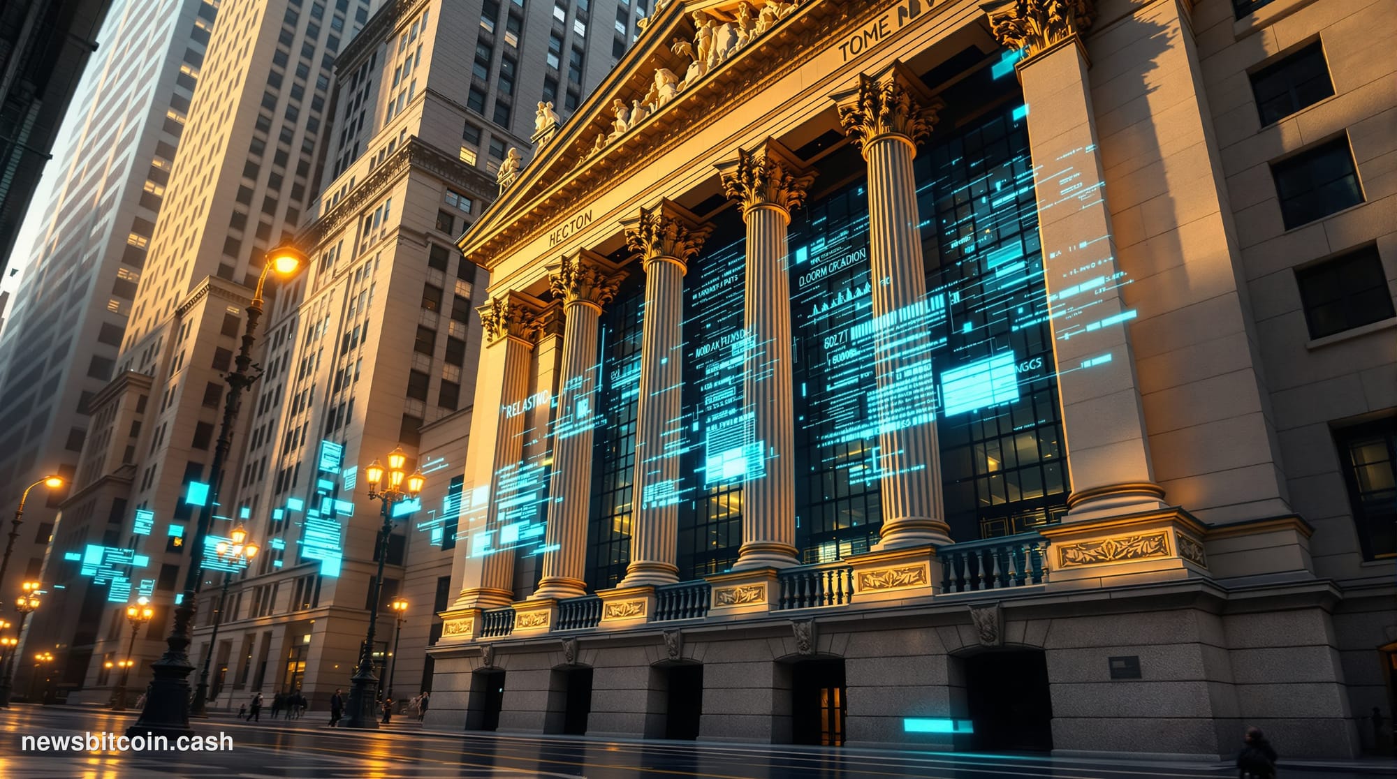 A cinematic photorealistic editorial photograph set at the intersection of Wall Street and a futuristic digital trading floor