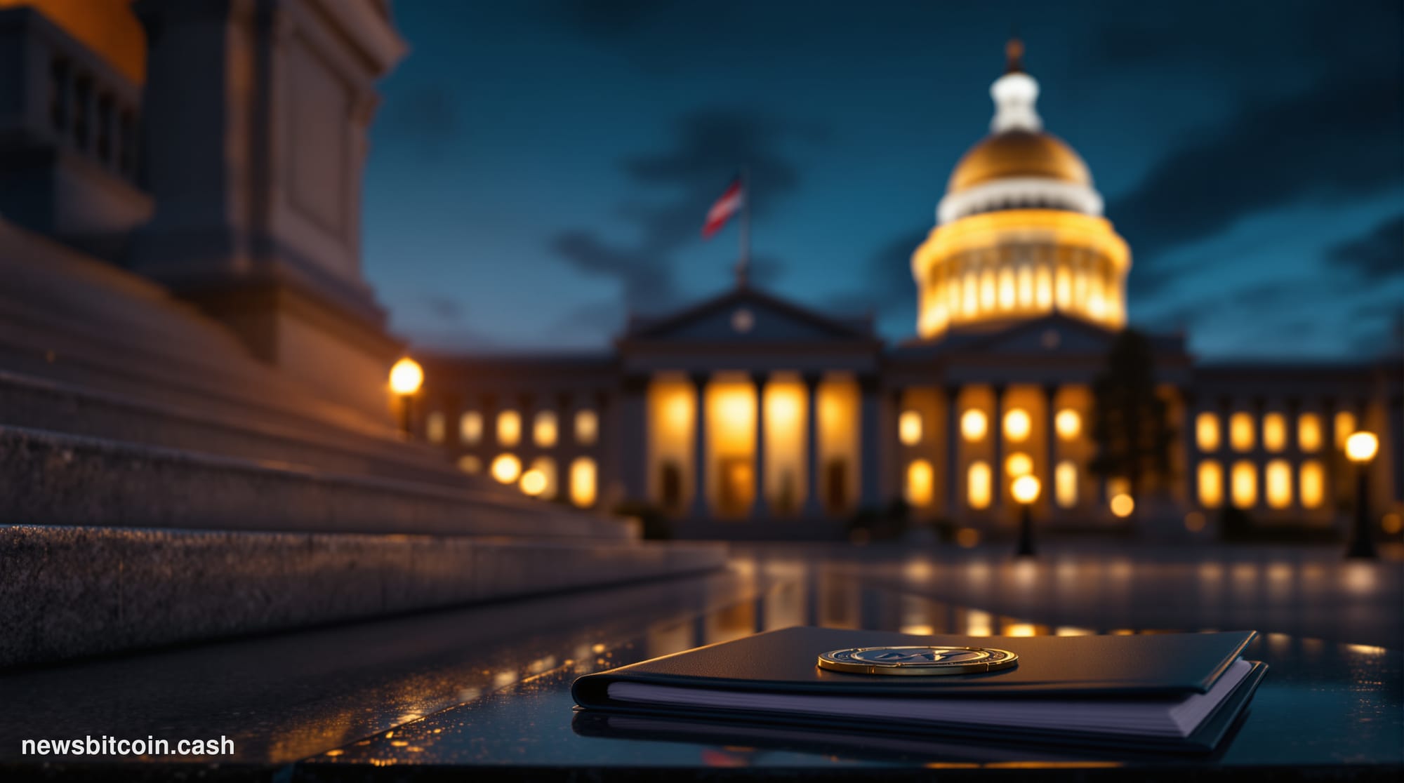 A dramatic cinematic photorealistic editorial photograph taken at street level outside the Nevada State Capitol building in C