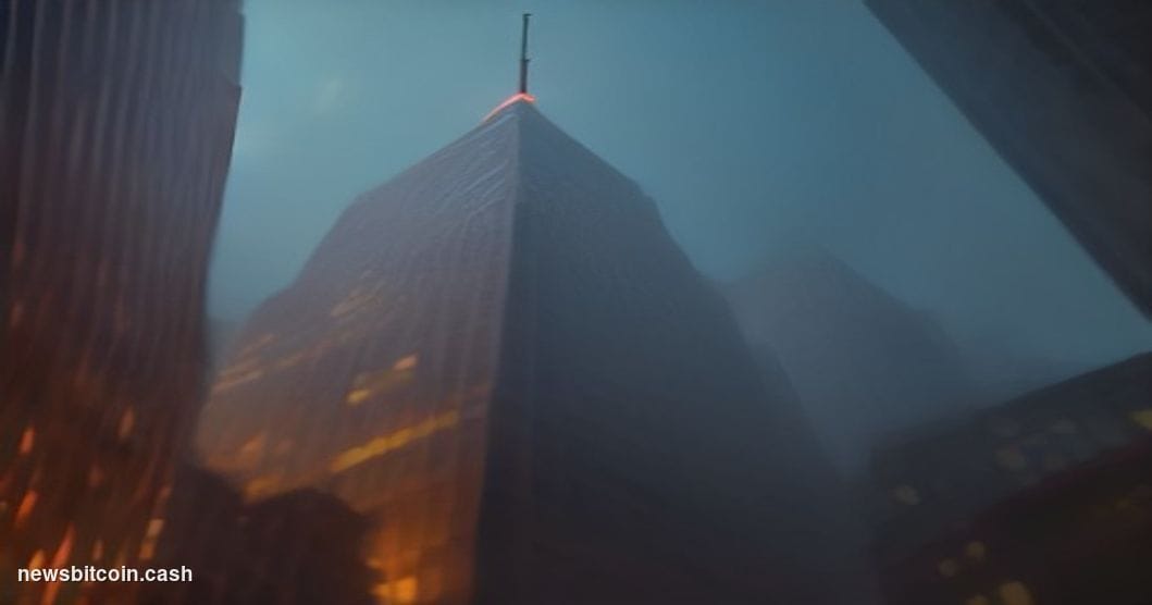 A cinematic photorealistic editorial photograph shot at a low angle looking up at a towering financial district building with