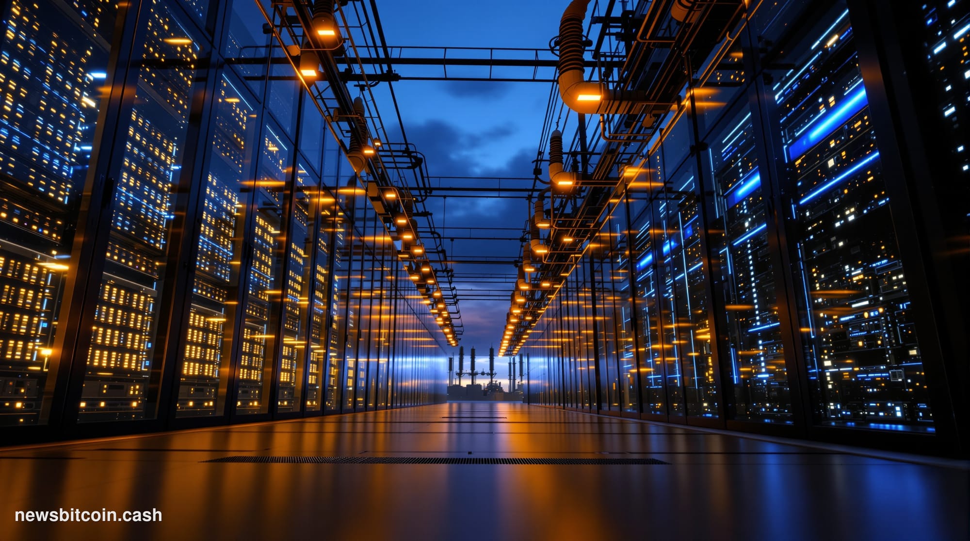 Cinematic photorealistic editorial photograph of a large-scale industrial data center facility at dusk, shot from a low angle