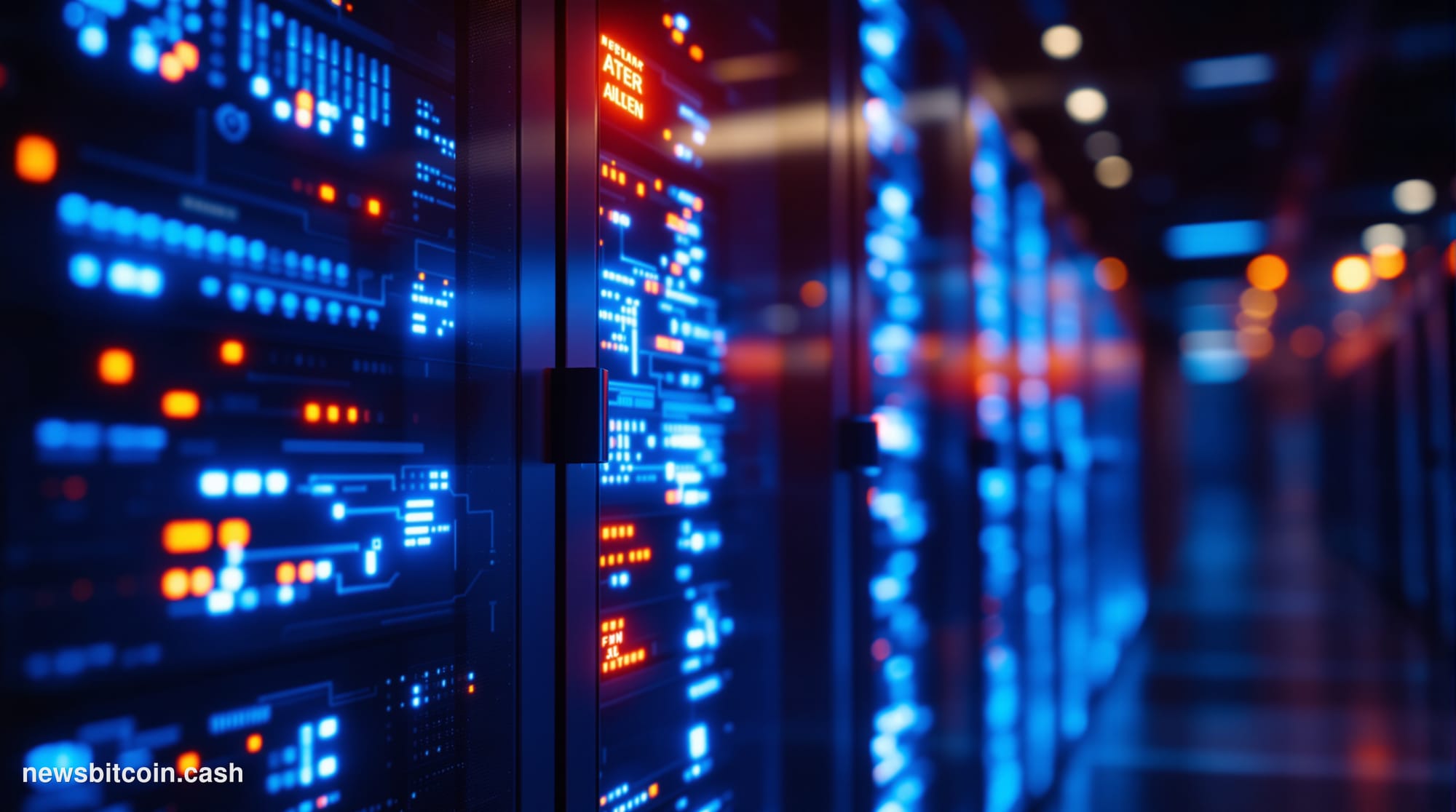 Cinematic photorealistic editorial photograph of a server infrastructure environment bathed in deep blue and amber emergency 