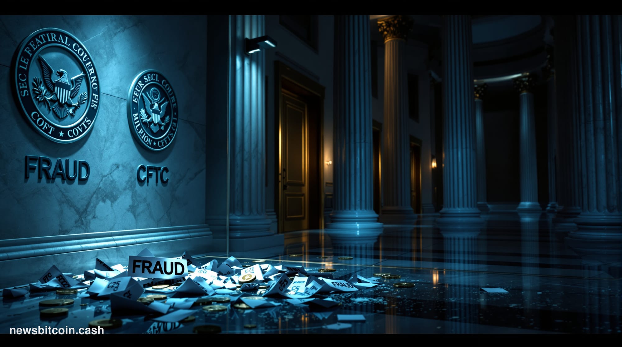 A cinematic photorealistic editorial photograph set inside a federal courthouse corridor, shot from a low angle looking up at