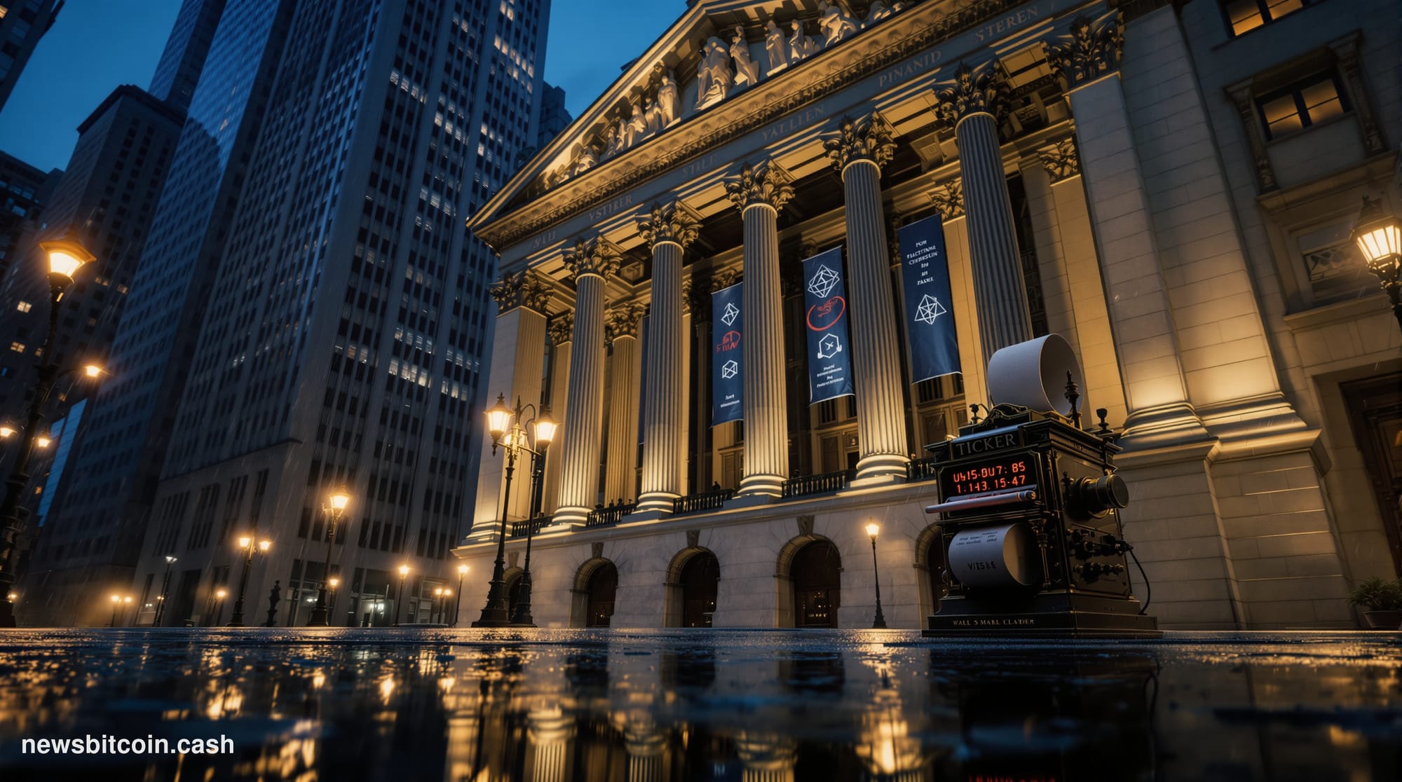 A cinematic photorealistic editorial photograph of the New York Stock Exchange building on Wall Street, shot at dusk from a l