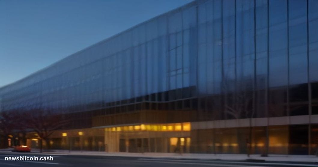 Cinematic photorealistic editorial photograph of Strategy's (formerly MicroStrategy) corporate headquarters exterior in Tyson