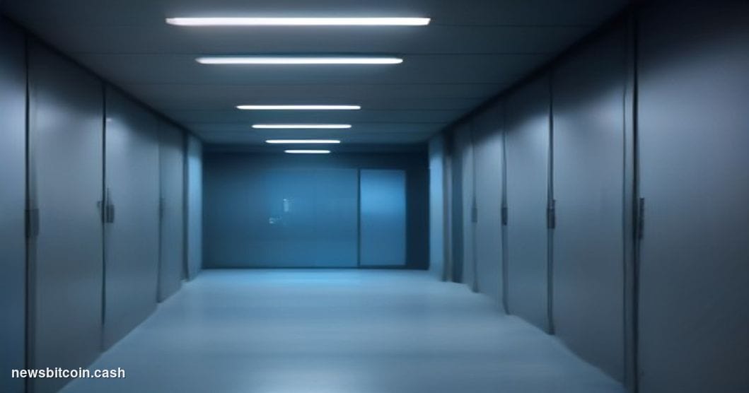 A cinematic photorealistic editorial photograph of a dimly lit server room corridor viewed from a low angle, with a single la