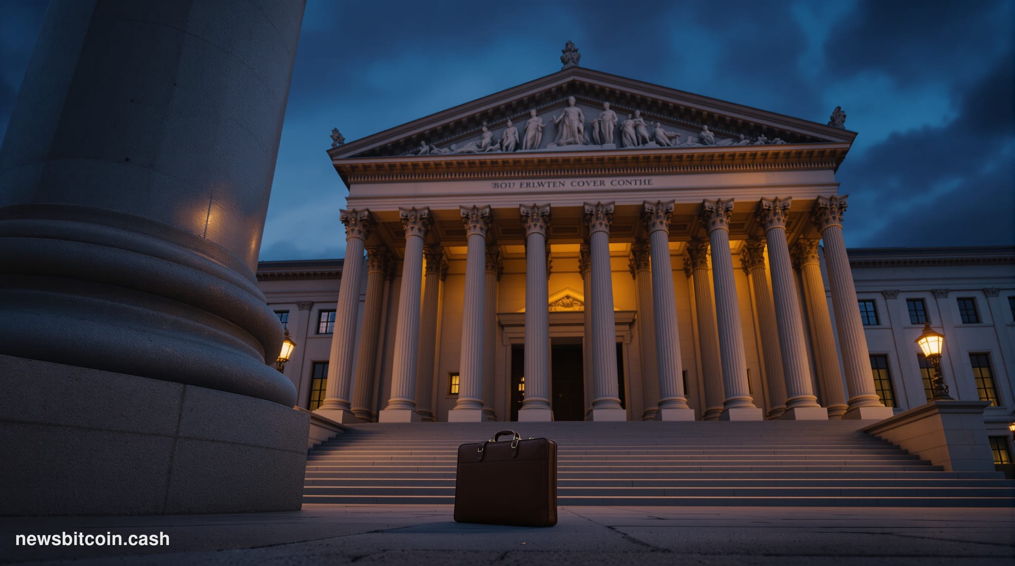 Cinematic photorealistic editorial photograph of the United States Department of the Treasury building in Washington D.C., sh