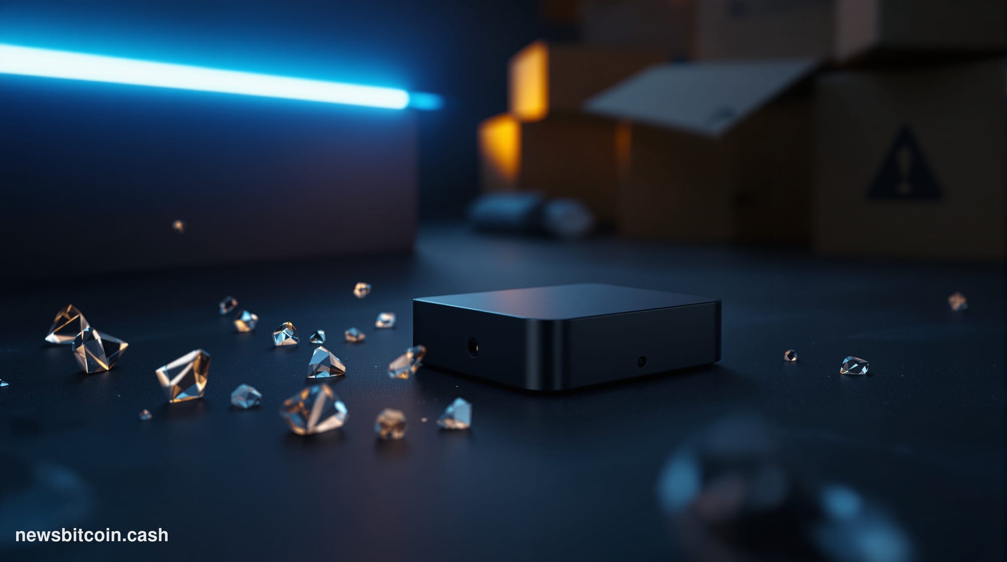 Cinematic photorealistic editorial photograph of a Trezor hardware wallet device resting on a dark matte surface, dramaticall