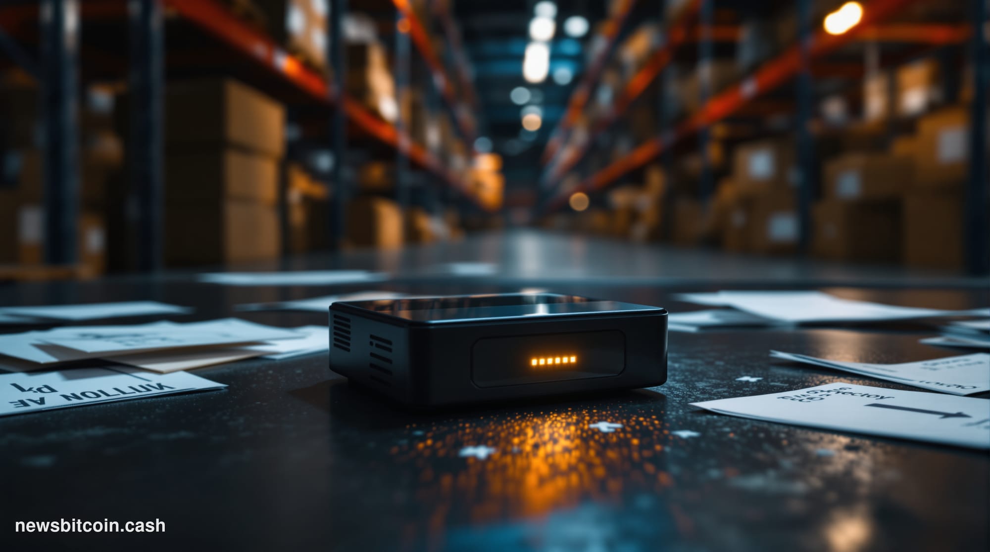 Cinematic photorealistic editorial photograph of a Trezor hardware wallet device — the iconic small black rectangular device 