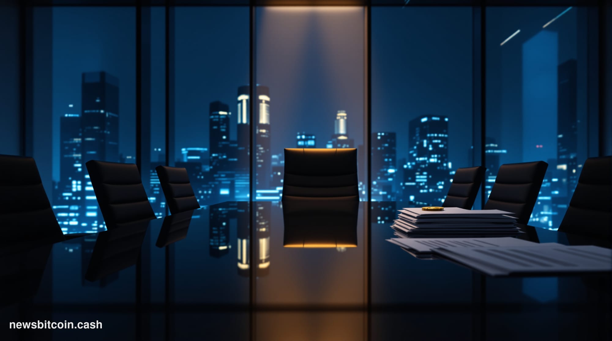 Cinematic photorealistic editorial photograph of a sleek modern corporate boardroom interior, dramatically lit with cool blue
