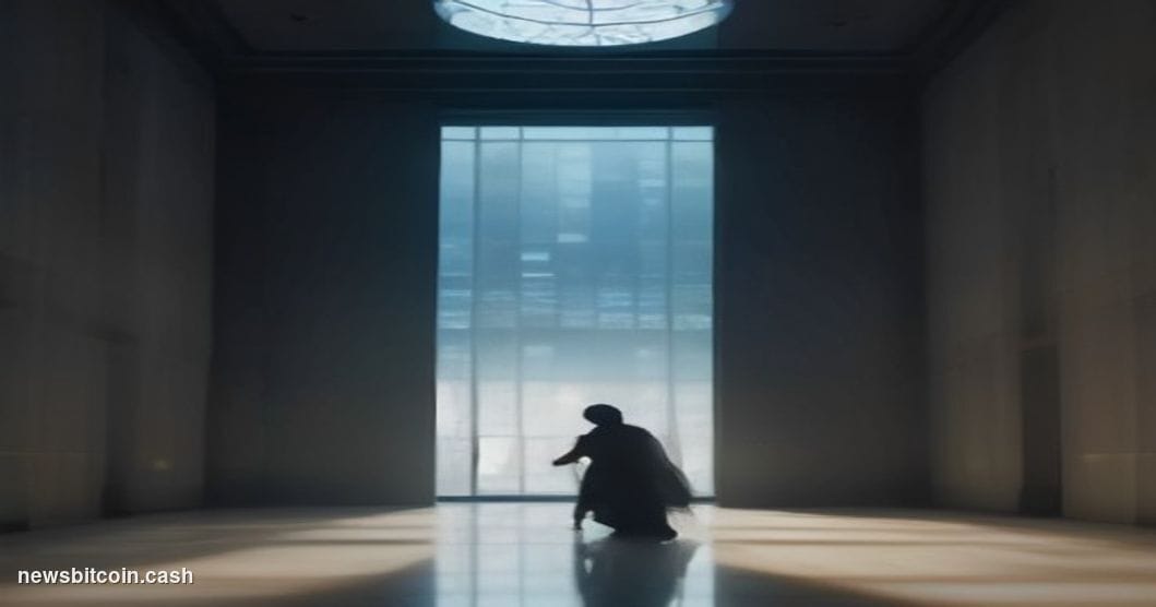 Cinematic photorealistic editorial photograph of a sleek modern banking institution interior at dusk, shot from a low angle l