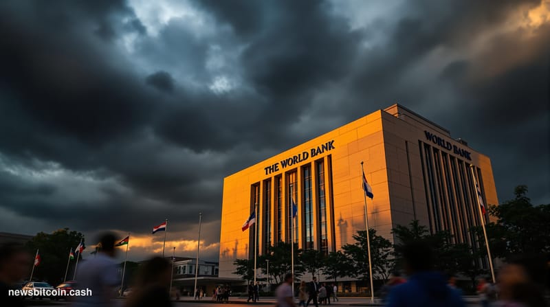 Cinematic photorealistic editorial photograph of the World Bank headquarters building in Washington D.C., shot from a low ang