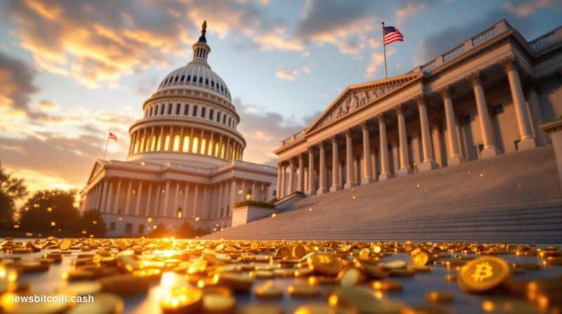A cinematic photorealistic editorial photograph of the United States Capitol building's Senate chamber exterior at golden hou