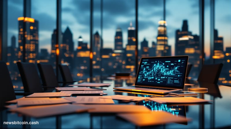 Cinematic photorealistic editorial photograph of a modern venture capital office with floor-to-ceiling windows overlooking a 
