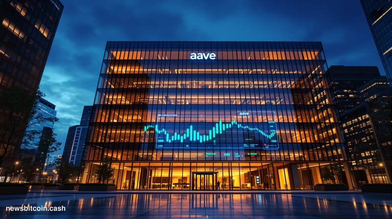 A cinematic photorealistic editorial photograph showing a modern glass-walled financial district office building at dusk, wit